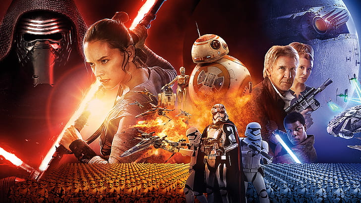 Star Wars The Force Awakens, Daisy Ridley, Harrison Ford, 2016, Sci-fi movies, poster, Ultra HD 4K, John Boyega
