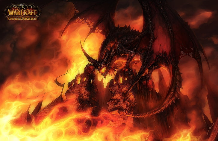 dragon, Deathwing, one person, orange color, motion, night, HD wallpaper