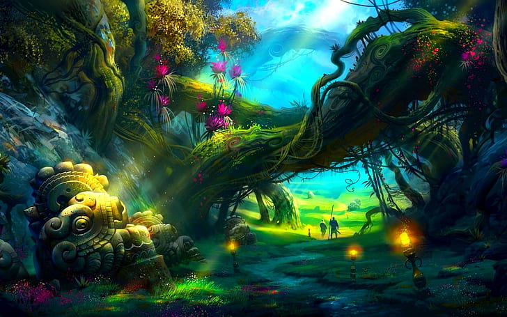 Mystique Forest, green tree screen illustration, lights, fantasy, HD wallpaper