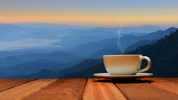 morning, cup, coffee cup, good morning, wooden table, panorama, HD wallpaper