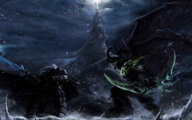 Illidan vs Arthas, fight, batlle, Warcraft III, Frozen Throne, HD wallpaper