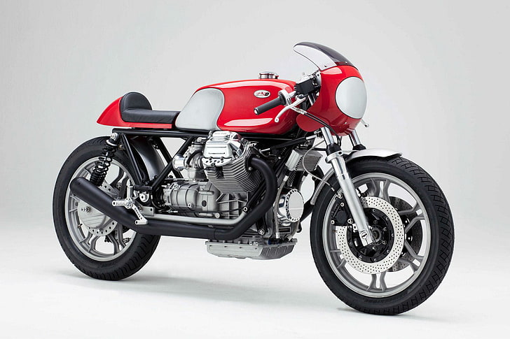 Moto Guzzi Cafe Racer, red, black, and gray cafe racer motorcycle