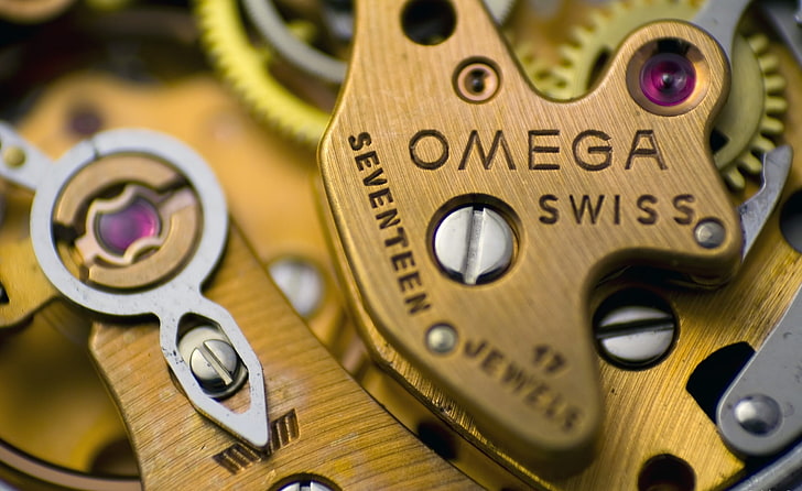 brown Omega Swiss watch, mechanism, gear, machine Part, technology