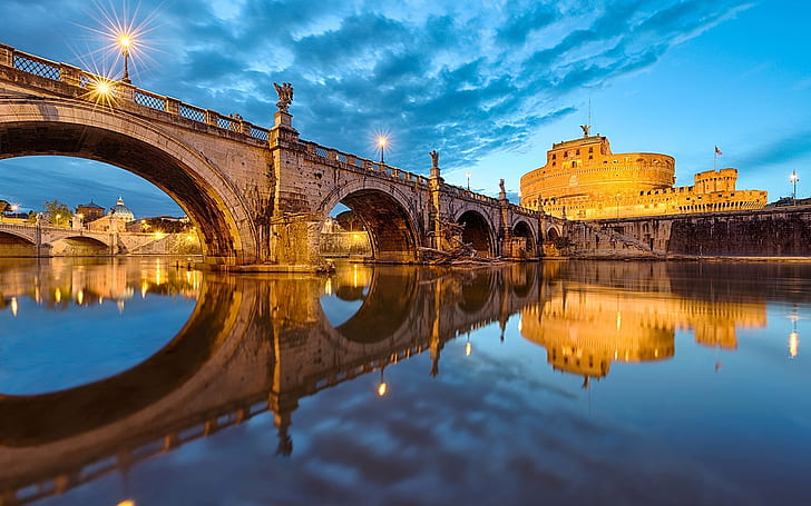 Rome, Italy, Vatican, St. Angelo Bridge, lights, river, HD wallpaper