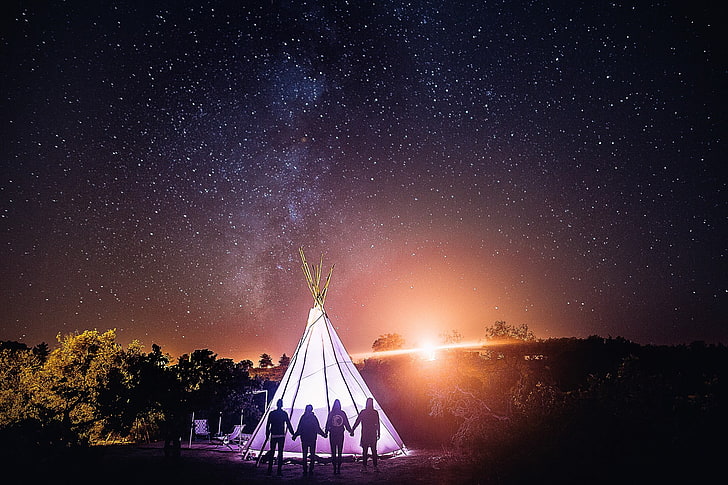 white teepee tent, André Josselin, holding hands, night sky, HD wallpaper