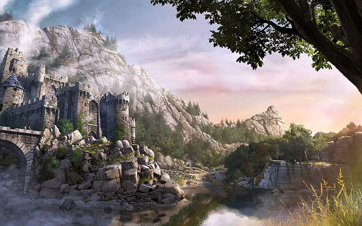 Riverside fortress, gray temple, fantasy, 1920x1200, mountain, HD wallpaper