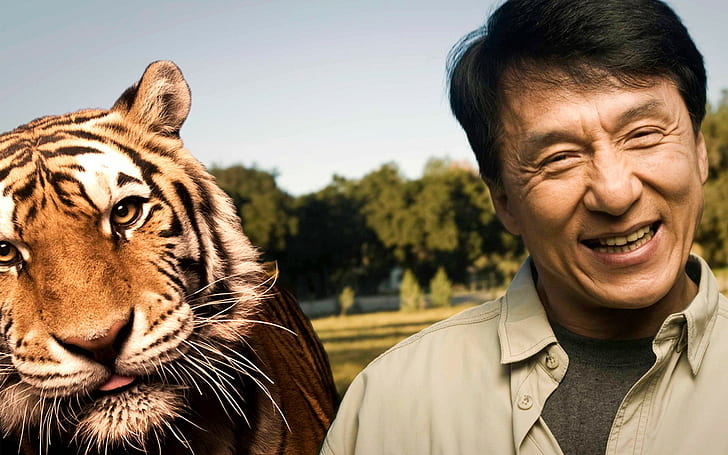 men, actor, Jackie Chan, smiling, animals, tiger, photo manipulation, HD wallpaper