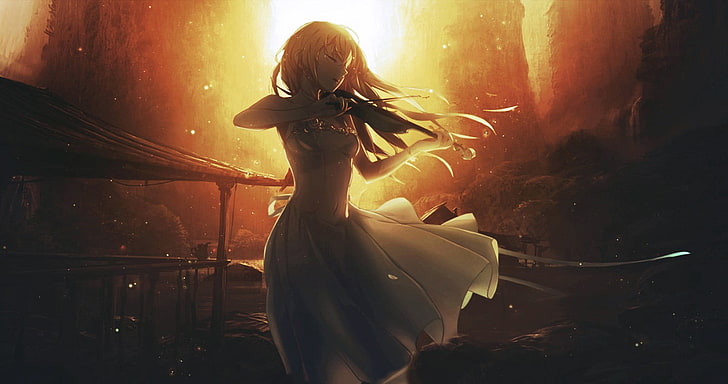female character playing violin wallpaper, girl anime wearing white dress wallpaper