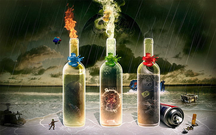 war, nuclear, destruction, bottle, container, refreshment, food and drink, HD wallpaper