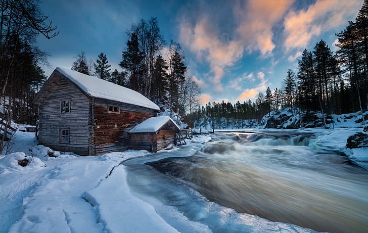 winter, forest, snow, landscape, nature, house, river, national Park, HD wallpaper