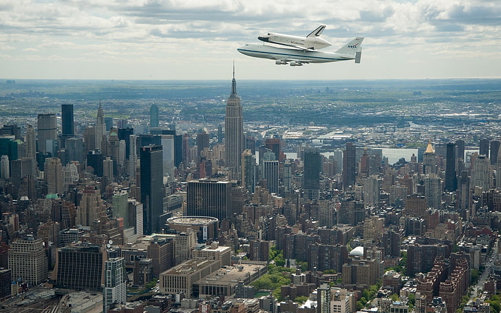 cityscape, space shuttle, NASA, Boeing, Boeing 747, New York City, HD wallpaper