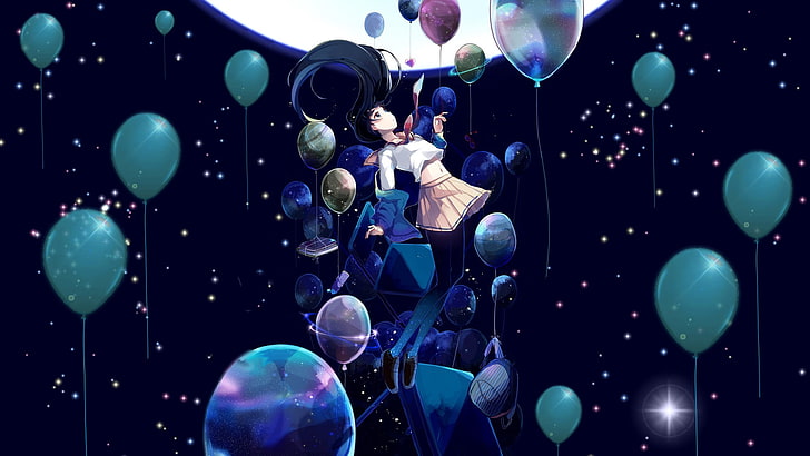 black-haired female anime character, balloon, Moon, school uniform