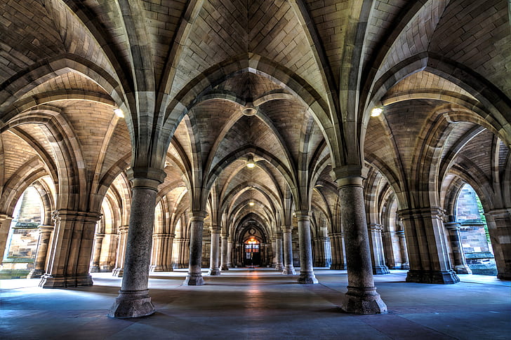 Scotland, arch, column, University, Glasgow, Bute Hall