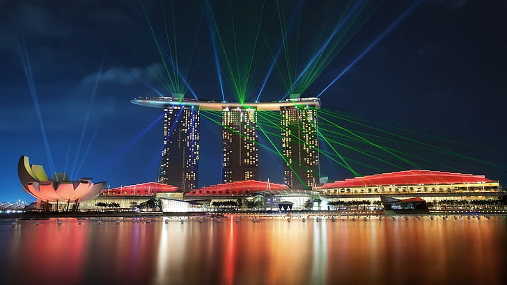cityscape, Singapore, Marina Bay, lasers, spotlights, building