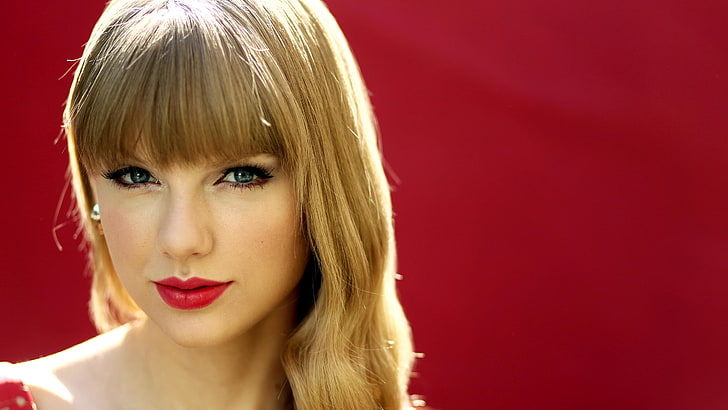 Taylor Swift, singer, women, blue eyes, blonde, red, portrait