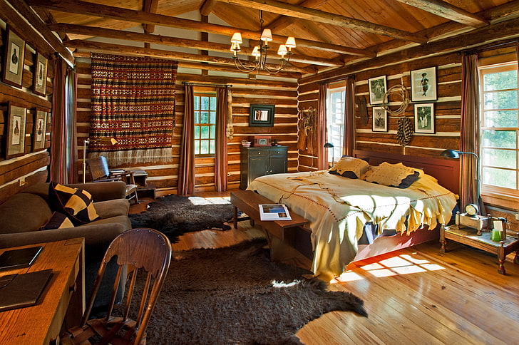 brown wooden bed, design, style, interior, cottage, living room
