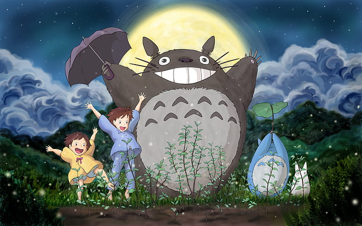 Totoro, Studio Ghibli, anime boys, anime girls, umbrella