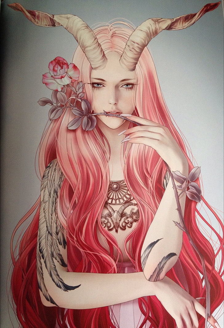 pink hair, horns, tattoo, rose, art and craft, representation