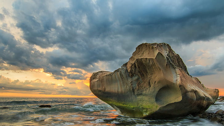 landscape photography of rock formation on body of water during golden hour, fangshan, fangshan