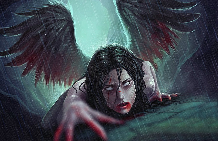 female angel wallpaper, rain, blood, hair, wings, hands, cuts