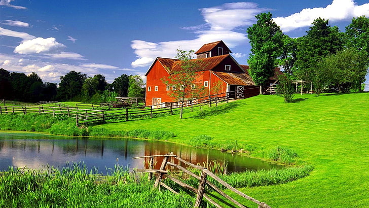 vermont, farmhouse, grass, barn, pond, lake, new england, rural area, HD wallpaper