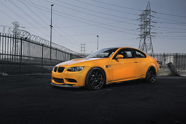 orange BMW coupe, m3, e92, power lines, car, transportation, land Vehicle, HD wallpaper