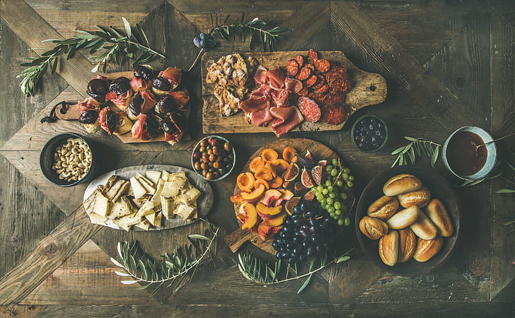 food, still life, cutting board, grapes, fig, olives, bread