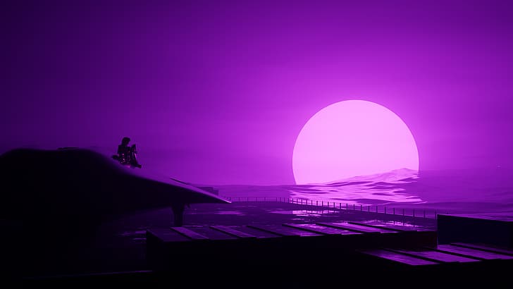 vaporwave, sunset, space, synthwave, Moon, Purple atmosphere, HD wallpaper
