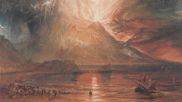volcano near body of water painting, mountains, eruption, boat