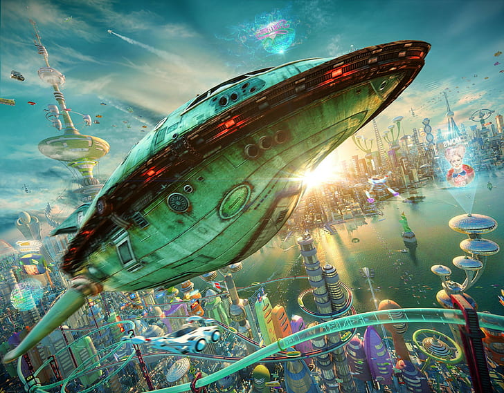 futurama realistic 3d rocket planet express spaceship futuristic city, HD wallpaper