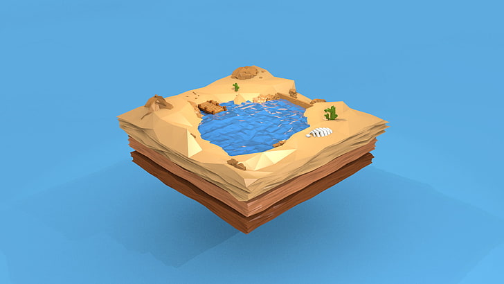 brown and blue body of water surrounded sand miniature, floating island