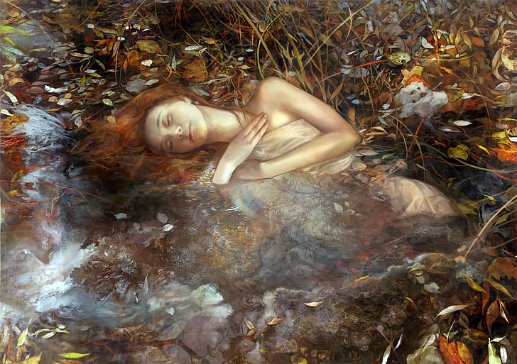 fantasy art, water, one person, nature, women, plant part, leaf