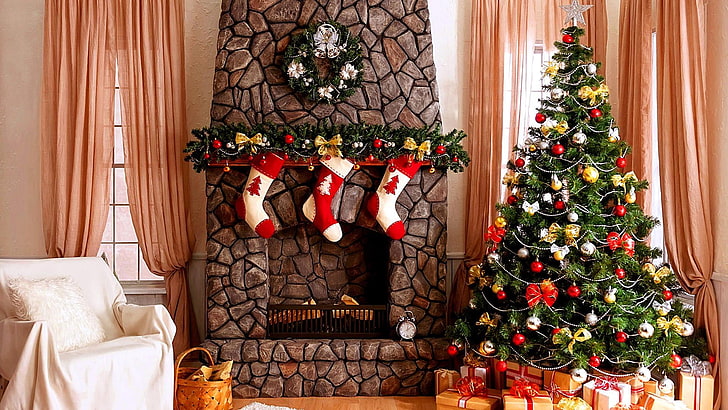 christmas, christmas tree, christmas gift, room, fireplace, HD wallpaper