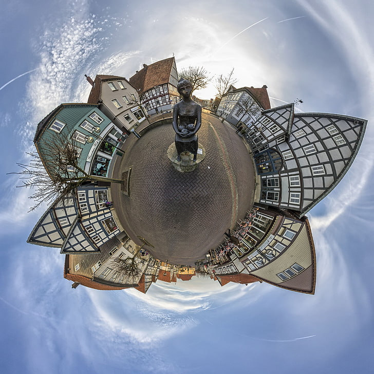 panoramic sphere, sky, architecture, fish-eye lens, planet earth, HD wallpaper