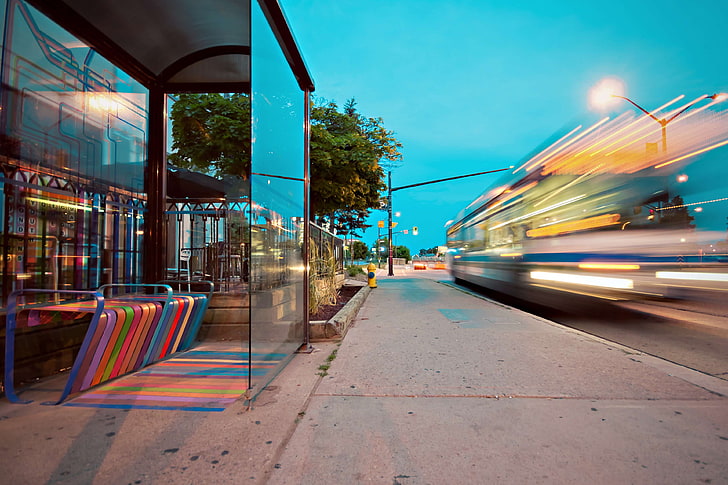 architecture, bench, blur, bus, bus stop, city, colorful, colourful