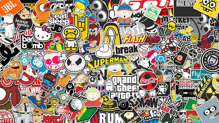 assorted vinyl sticker lot, logo, icons, artwork, communication, HD wallpaper