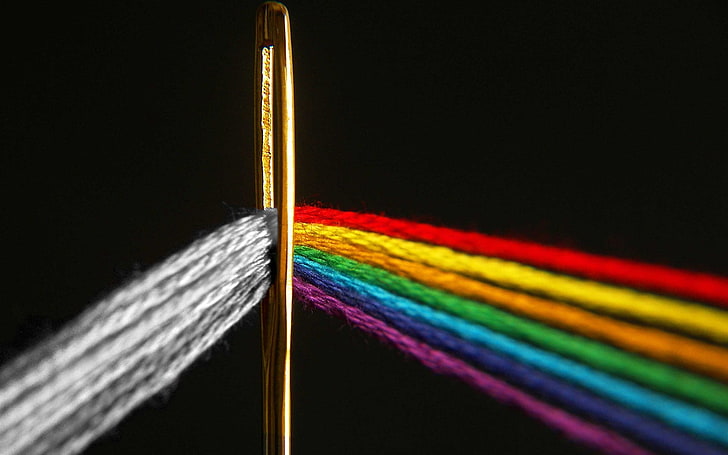 rainbows, black background, needles, Pink Floyd, colorful, The Dark Side of the Moon