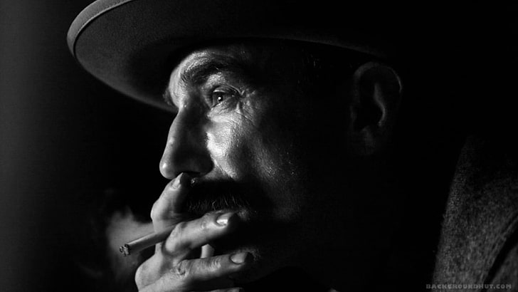 cigarettes, smoke, There Will be Blood, monochrome, hat, profile