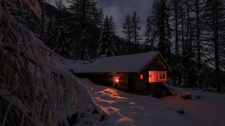 snow, winter, nature, sky, tree, twilight, log cabin, night, HD wallpaper