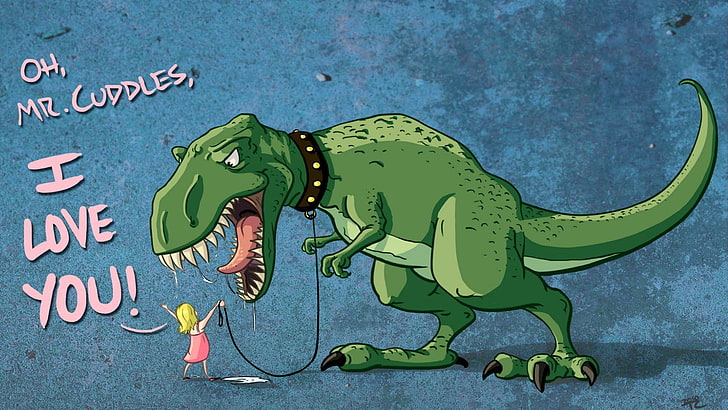 green tyrannosaurus illustration with text overlay, untitled