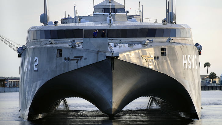 gray and black military battle ship, HSV-2 Swift, catamaran, U.S. Navy
