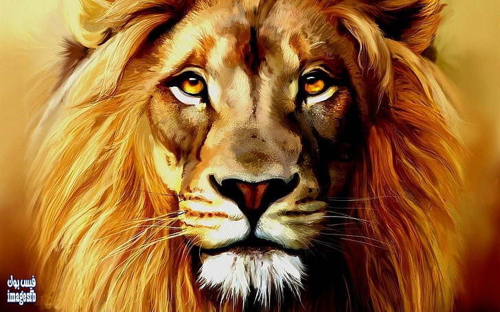 brown and black lion painting, artwork, animals, portrait, looking at camera
