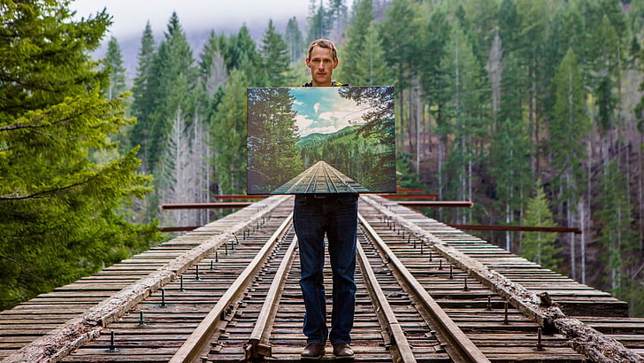 men's black jeans, men outdoors, bridge, railway, trees, painting