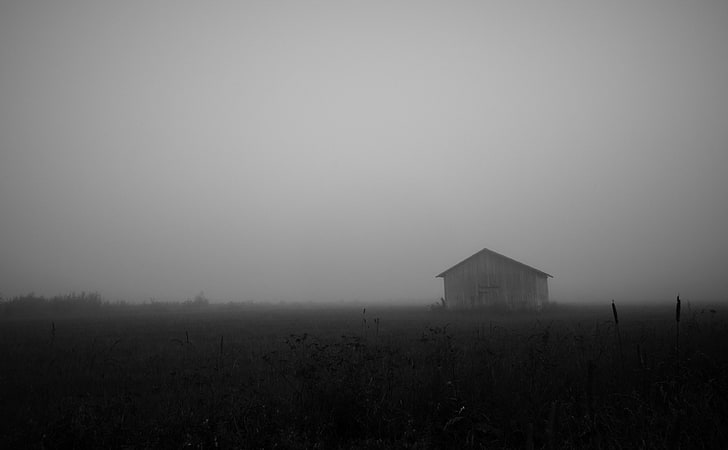 Shed, Field, Black and White, Dark, Mist, Sweden, Lightroom, gloomy