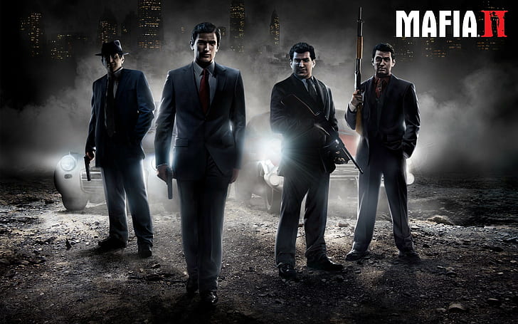 Mafia 2, Gun, Car, Smoke, Night, group of people, full length