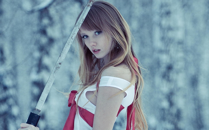 woman in red and white top, katana, Olesya Kharitonova, sword, HD wallpaper