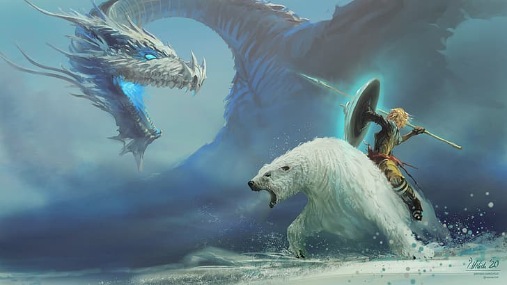 fantasy art, polar bears, dragon, warrior girls, winter, Philipp A. Ulrich, HD wallpaper