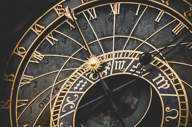HD wallpaper: gold and black analog clock, wall clock, roman numerals,  zodiac signs | Wallpaper Flare