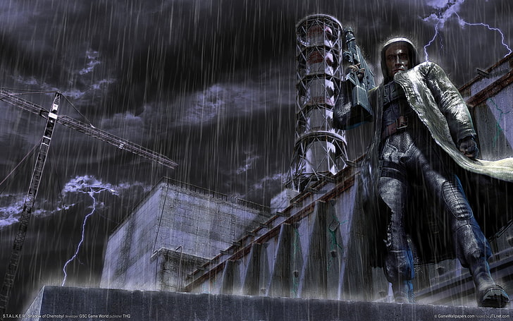 men's black leather overcoat illustration, rain, Stalker, shadow of chernobyl