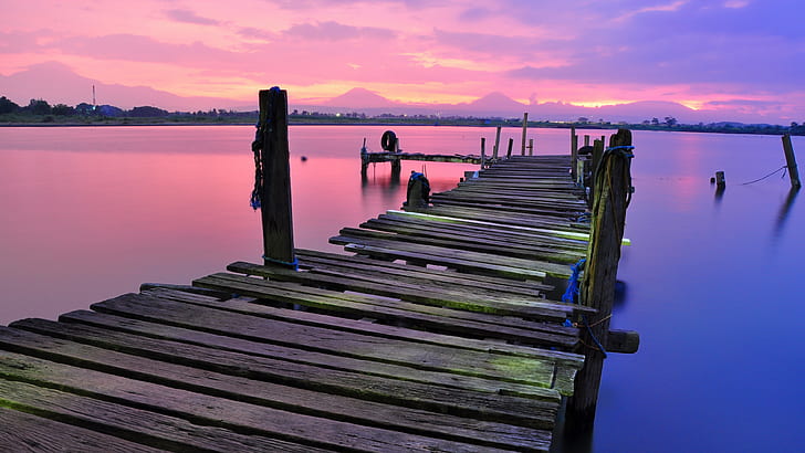 brown wooden dock, nature, water, sunset, sky, beauty in nature, HD wallpaper
